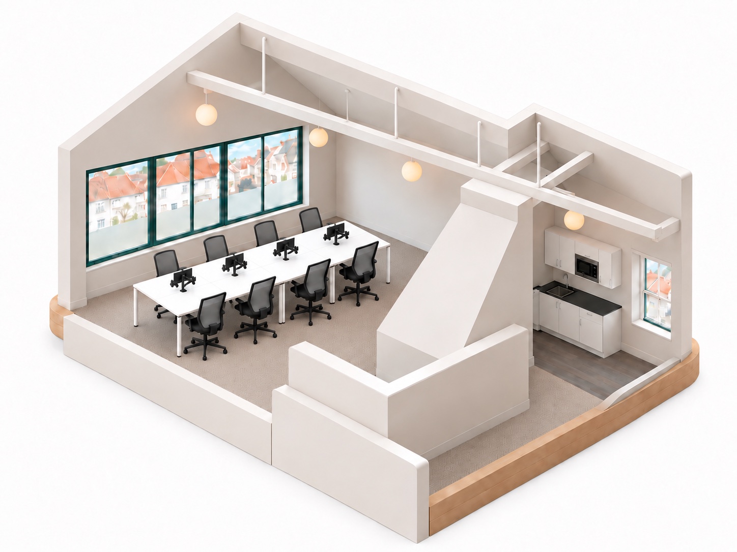 A miniature cutaway of the upstairs office: eight white desks, a broad town-facing window, globe lights and a kitchenette.